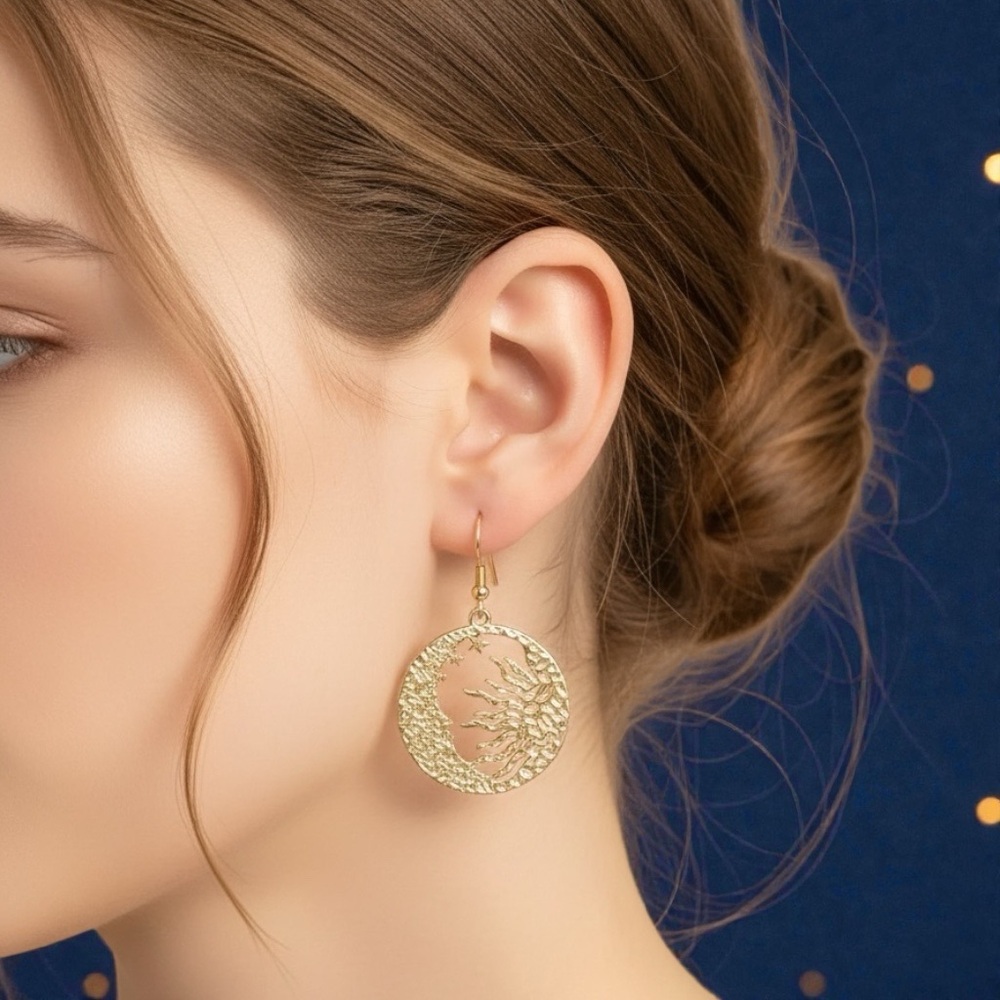 Gold Plated Sun and Moon Disc Earrings. New. - Picture 2 of 7